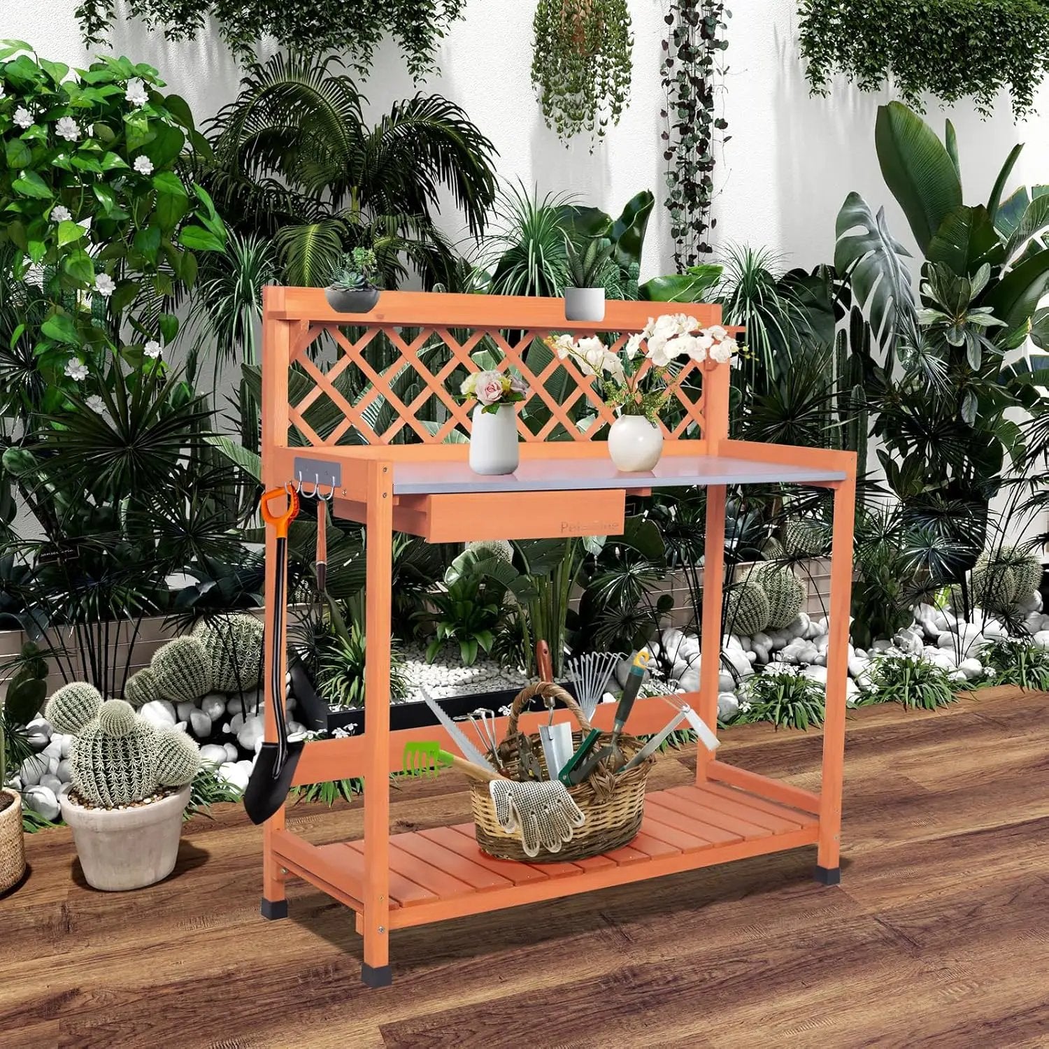 Outdoor Potting Bench & Wooden Gardening Work Station Planting Table with Metal Tabletop, Drawer, Storage, and Hooks by GreenHaven Gardens