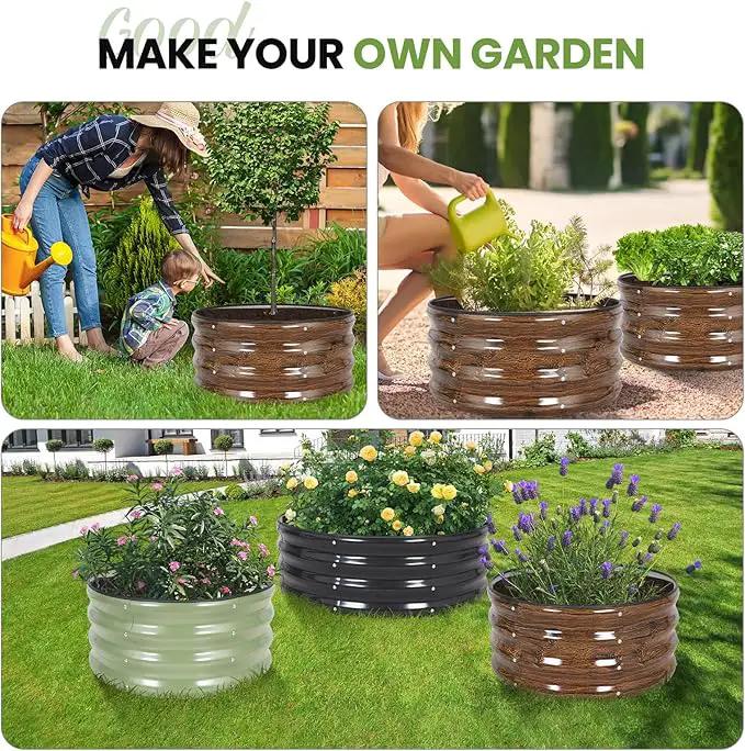 G GOOD GAIN Round Raised Garden Bed - 2Pcs 2x2x1ft Galvanized Steel Planter Boxes Outdoor with Rubber Edge Trim | Metal Raised Beds for Gardening Vegetables Flowers Fruits Herbs (Wood Grain) by GreenHaven Gardens