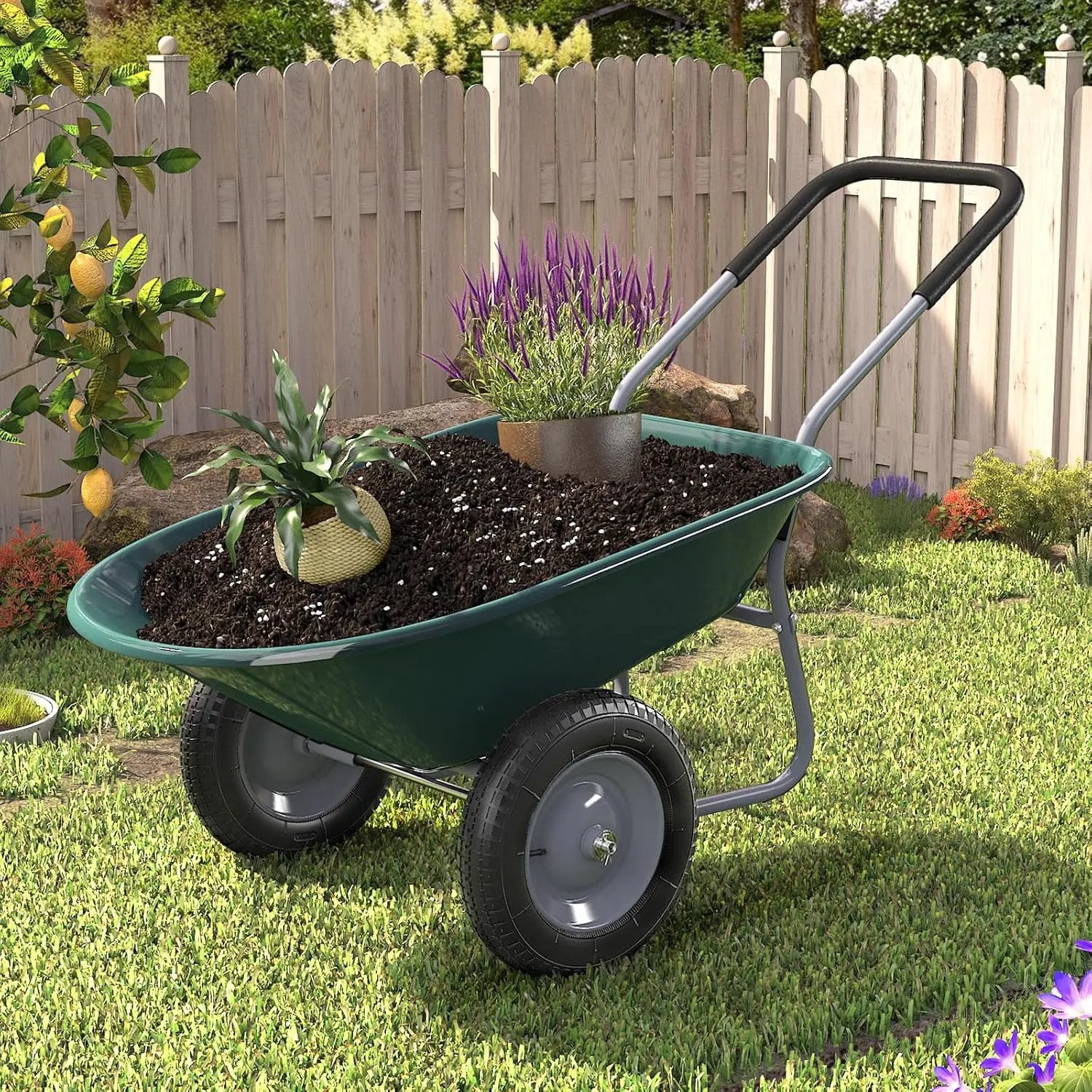 ARNOT Enlarged Dual-Wheel Wheelbarrow, Easy Loading and Dumping Garden Cart, Heavy Duty Utility Dump Cart for Lawn, Yard, Farm, Gardening & Planting, Green by GreenHaven Gardens