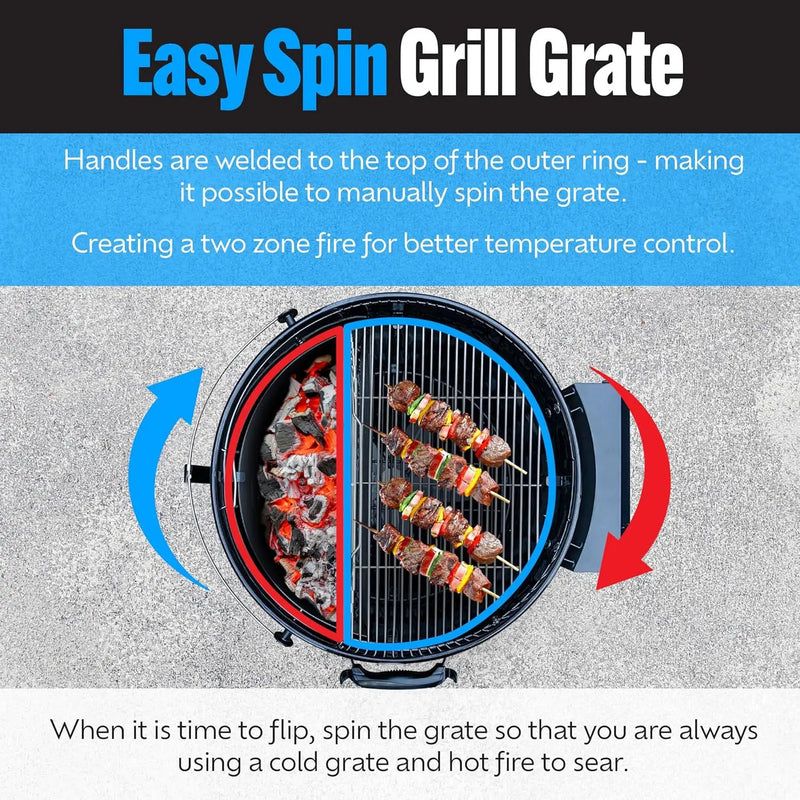SnS Grills Slow ‘N Sear EasySpin Charcoal Grill Cooking Grate - Compatible with Weber and Other Grills, 2-Zone Stainless Steel Hinged Replacement - Tailgating & Backyard Cooking - 24” Inches by GreenHaven Gardens