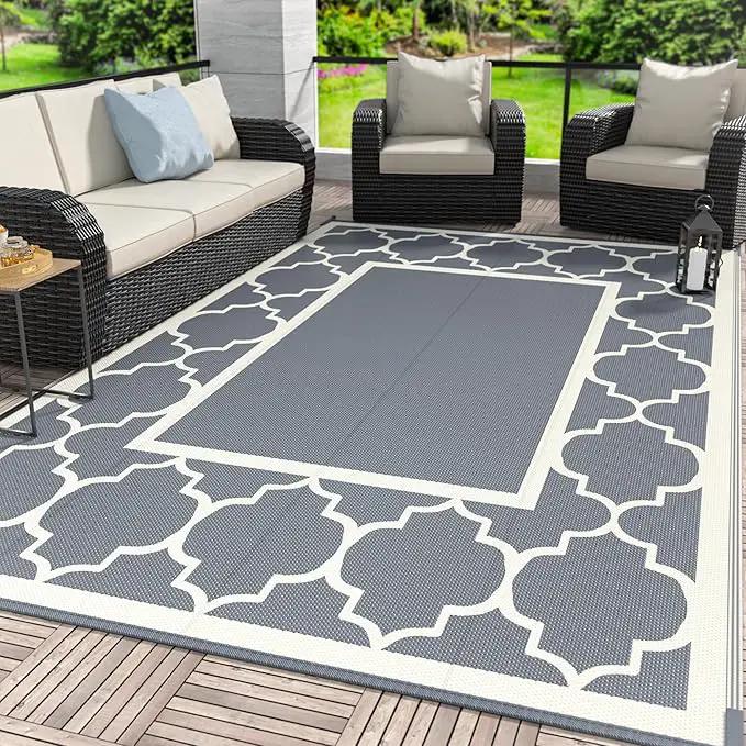 GENIMO 5 ' x 8 ' Outdoor Rug for Patio, Waterproof Indoor Outdoor Plastic Straw Rugs Carpet, Reversible Outside Area Mat for Camping, Balcony Porch, Deck, Picnic, Beach Grey & Beige White by GreenHaven Gardens