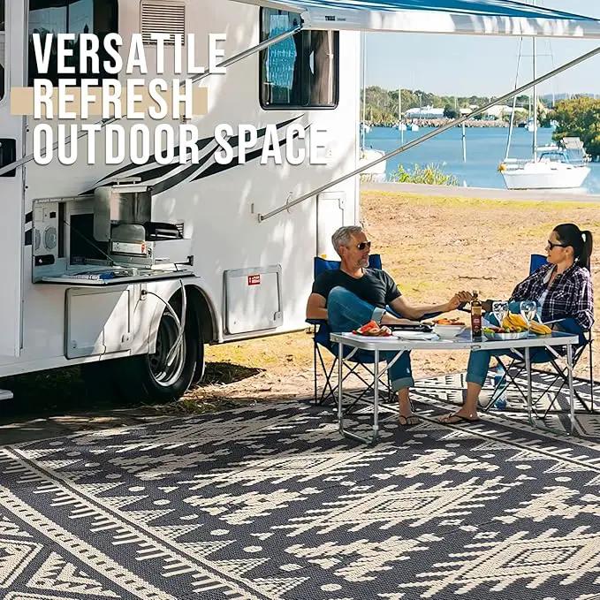 OLANLY Outdoor Rug Waterproof 9x18 ft, Reversible Outdoor Plastic Straw Rug, Boho Patio Rug, Indoor Outdoor Carpet, RV Mat Outside for Patio, Camp, Picnic, Balcony, Deck, Backyard, Black & Beige by GreenHaven Gardens