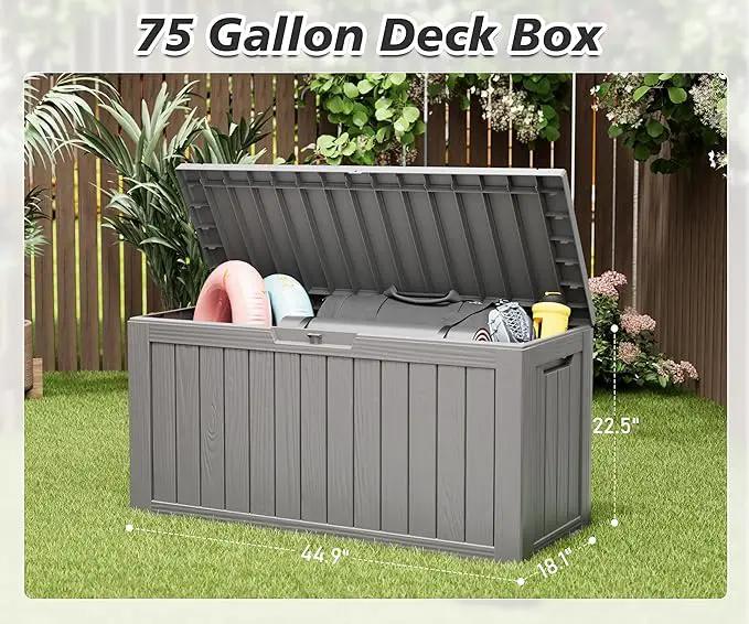 KAMABOKO Deck Box, 75 Gallon Resin Indoor and Outdoor Storage Boxes Waterproof for Garden Tools, Pool Accessories Storage Bench, Patio Furniture and Cushions with Lockable Lid, Grey by GreenHaven Gardens