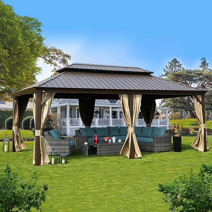 Kozyard Alexander 12' X 20' Permanent Aluminum Hardtop Gazebo with Galvanized Steel Double Roof Canopy, Curtain and Netting or Patio, Backyard, Deck, Lawn (Brown) by GreenHaven Gardens