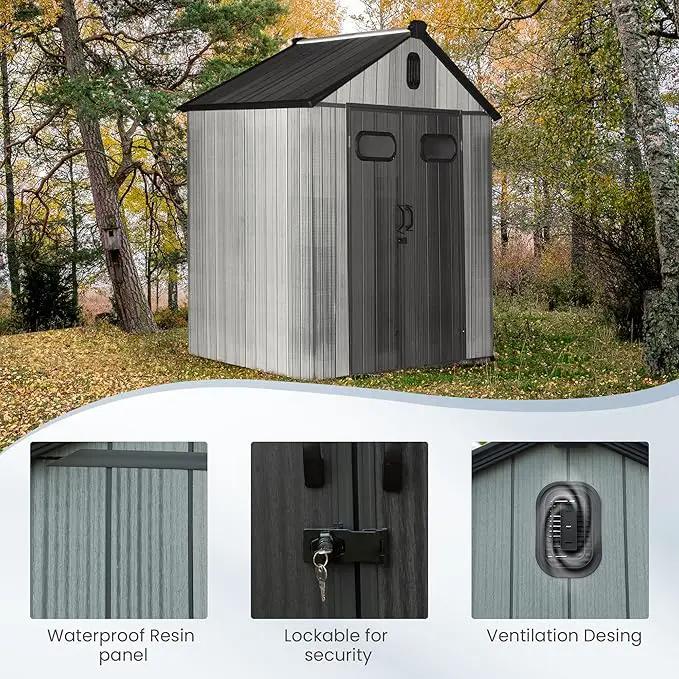 Domi 5x3 FT Outdoor Resin Storage Shed, All-Weather Double-Wall Storage Building for Backyard, Garden, Lawn Tools, Mower, Bike & Pool Equipment, Lockable Doors, Ventilated Roof, Grey by GreenHaven Gardens