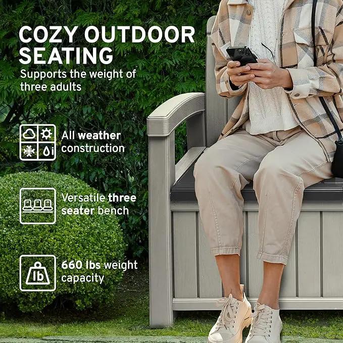 EconoHome 3 Seat Outdoor Storage Bench with Rain Cover - 90 Gallon Capacity - Weatherproof Resin Bench for Patio, Porch, Garden, Yard, Pool Area - Furniture for Pool Accessories, Gardening Tools
