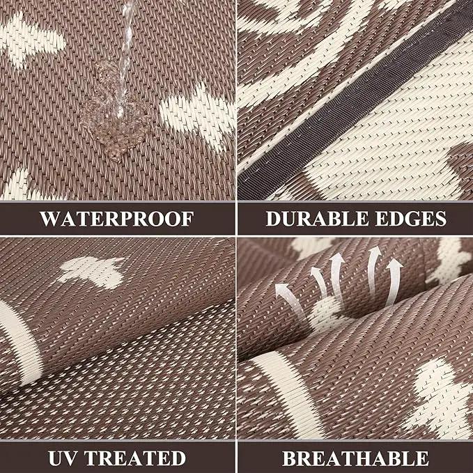 Pauwer Waterproof Outdoor Rug 10x14, Reversible Plastic Straw Patio Camping Rug, Indoor Outdoor RV Mat Carpet for Deck, Camper, Porch, Balcony, Backyard, Picnic, Bordered Brown by GreenHaven Gardens