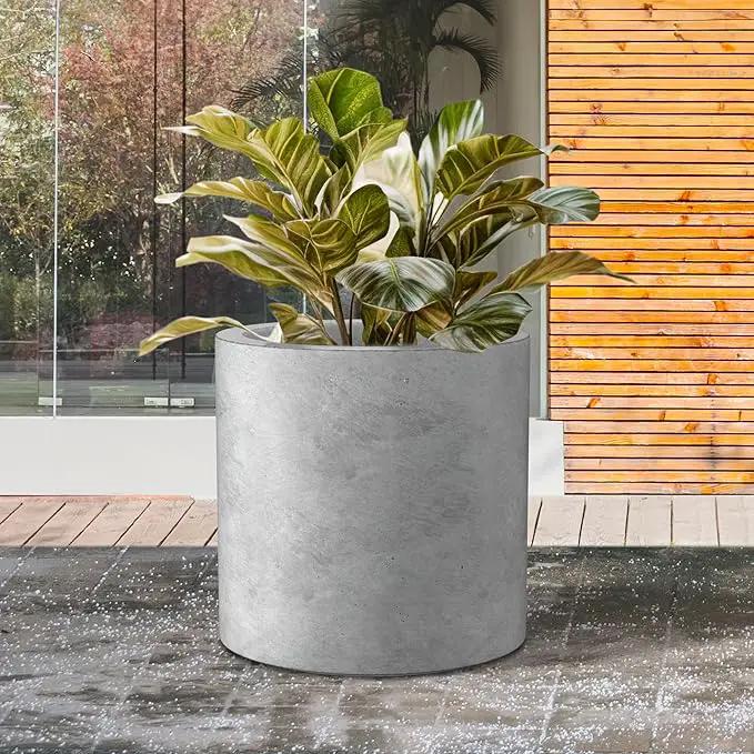 Kante 15.7" Dia Round Concrete Planter, Modern Style Large Cylindrical Plant Pot with Drainage Hole and Rubber Plug for Indoor Outdoor Patio, Natural Concrete by GreenHaven Gardens