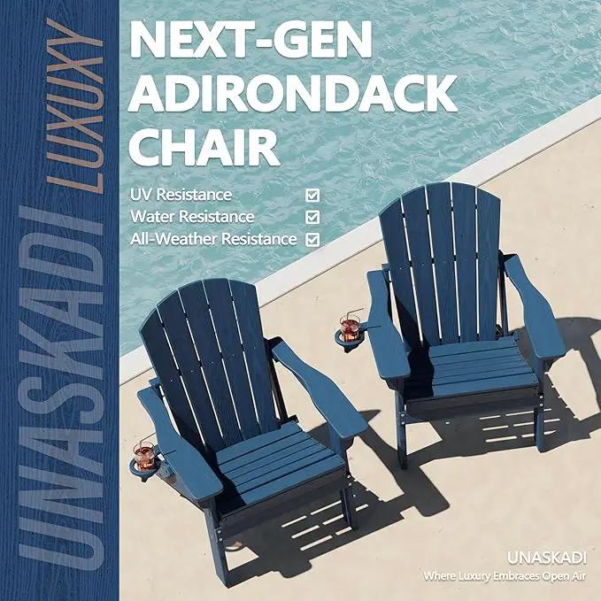 Folding Adirondack Chair Set of 4 with Cup Holder, HDPE All Weather Resistant Plastic Outdoor Patio Chairs, Heavy Duty Fire Pit Seating for Backyard Lawn Garden, Wooden Textured Design(Navy Blue) by GreenHaven Gardens