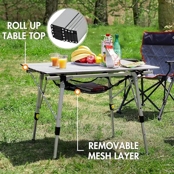PORTAL Outdoor Folding Portable Picnic Camping Table with Adjustable Height Aluminum Roll Up Table Top Mesh Layer, Silver by GreenHaven Gardens