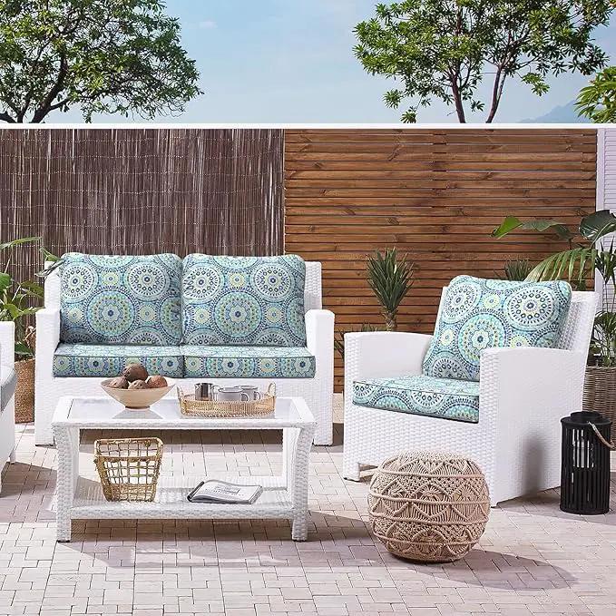 LVTXIII Outdoor Deep Seat Cushion Patio Seat and Back Cushion Set Seasonal Chair Cushion with Removable Cover and Adjustable Buckle for Home and Garden, 24"x24"x4", Delancey Lagoon by GreenHaven Gardens