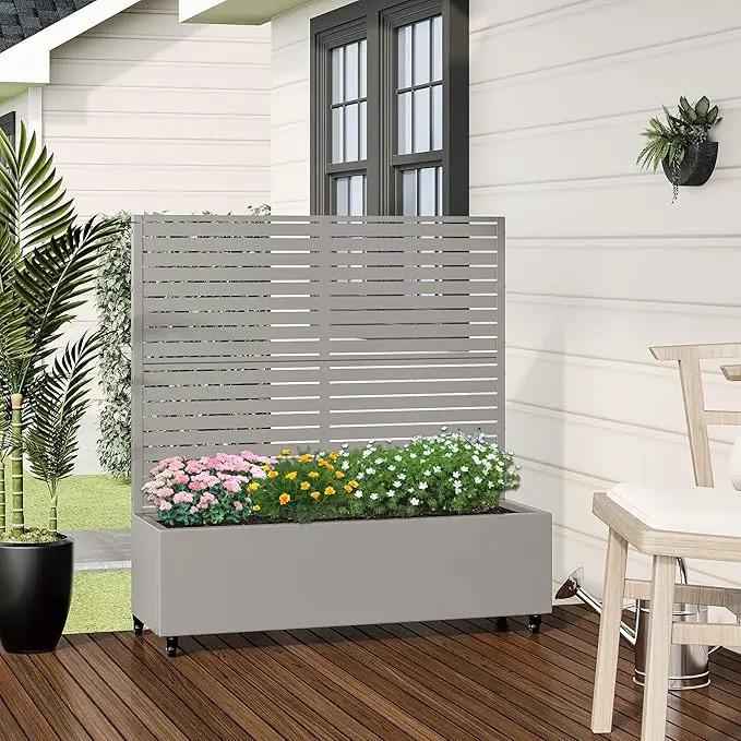Casaphoria Metal Raised Garden Bed with Trellis and Wheels, 47"x47"x16" Planter Box for Climbing Plants, Vegetables & Vines, Features Drainage Holes and Privacy Screen (Grey-Louvered) by GreenHaven Gardens