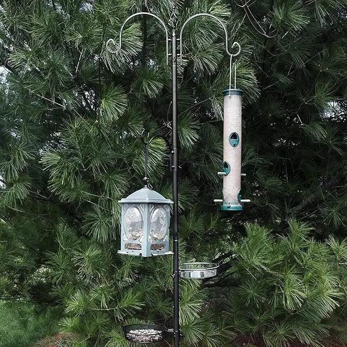 Ashman Deluxe Bird Feeding Station (4 Pack) Bird Feeders for Outside - Multi Feeder Pole Stand Kit with 4 Hangers, Bird Bath and 3 Prong Base for Attracting Wild Birds - 22 Inch Wide x 92 Inch Tall. by GreenHaven Gardens