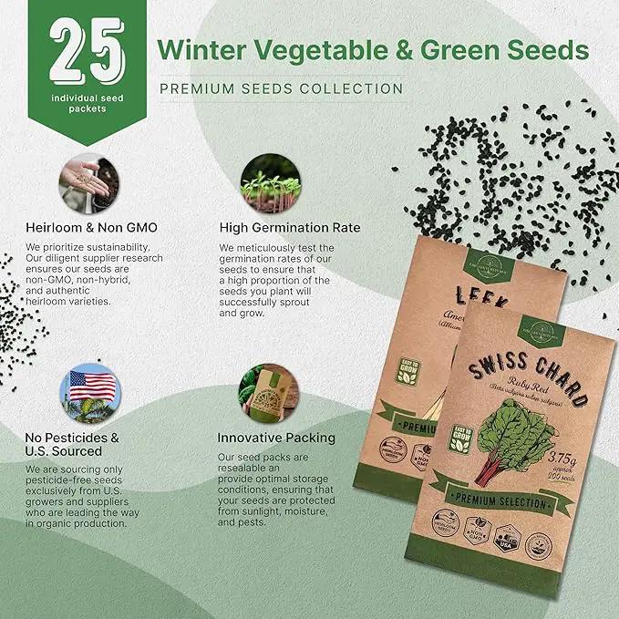 Organo Republic 25 Winter Vegetable Garden Seeds Variety Pack for Outdoors & Indoor Home Gardening 6500+ Non-GMO Heirloom Seeds: Broccoli Beet Carrot Collard Lettuce Radish Spinach Pea Kohlrabi by GreenHaven Gardens