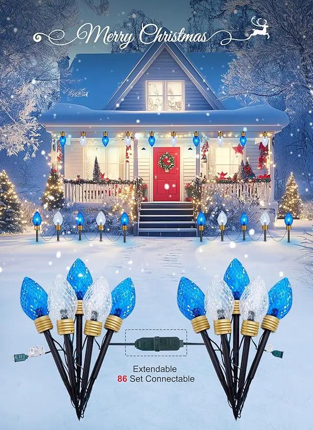 Moonflor Strawberry Jumbo C9 Christmas Pathway Lights Outdoor - 2Pack Total 17FT 10 LED C9 Walkway Light, Christmas Decoration Outside,Christmas Lights Outdoor for Lawn Yard Holiday, Blue & Pure White by GreenHaven Gardens