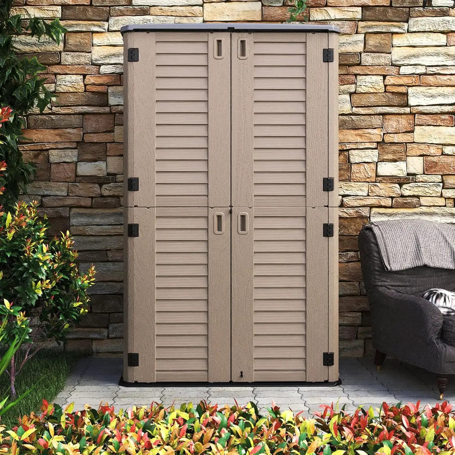 HOMSPARK Storage Shed Weather Resistance, Multi-Purpose Outdoor Storage Cabinet Waterproof, Outdoor Storage Cabinet for Garbage Cans, Lawnmower, Garden Accessories (Coffee, Tall shed-53 cu ft) by GreenHaven Gardens