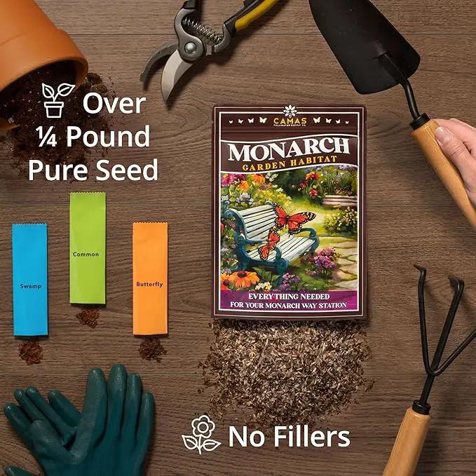 Monarch Butterfly Garden Kit with Milkweed Seeds–Perennial Flower Seeds to Plant Outside| 1/4 Pound Pure Bulk Wildflower Seeds | Garden Seeds for Attracting Pollinators | Seed Packets for Spring/Fall by GreenHaven Gardens