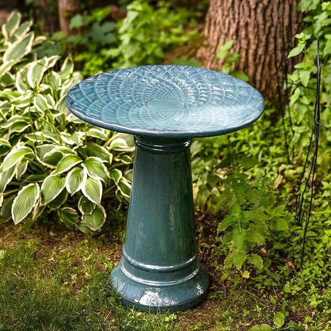 Sunnydaze Rennes Outdoor Ceramic Bird Bath - 22.5" H - UV- and Frost-Resistant - Glazed Bowl and Pedestal with Turquoise Finish by GreenHaven Gardens