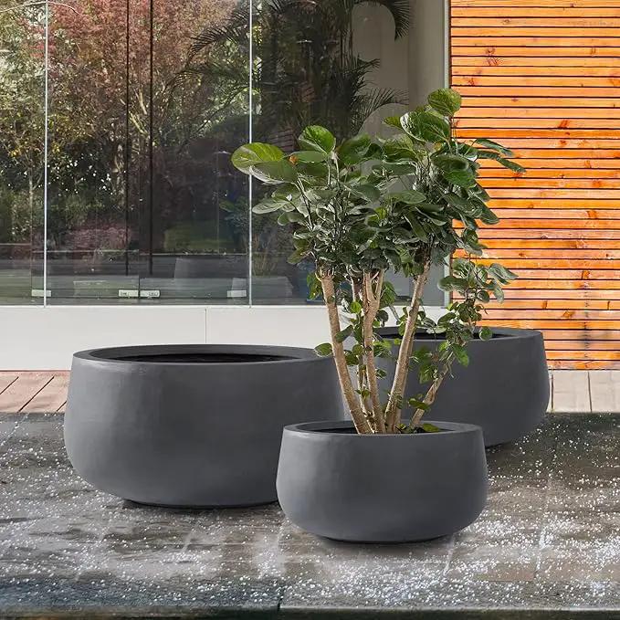 Kante 19.6",15.7",11.8" Dia Round Concrete Planters Set of 3, Outdoor Indoor Garden Plant Pots with Drainage Hole and Rubber Plug, Modern Curvaceous Design, Charcoal by GreenHaven Gardens
