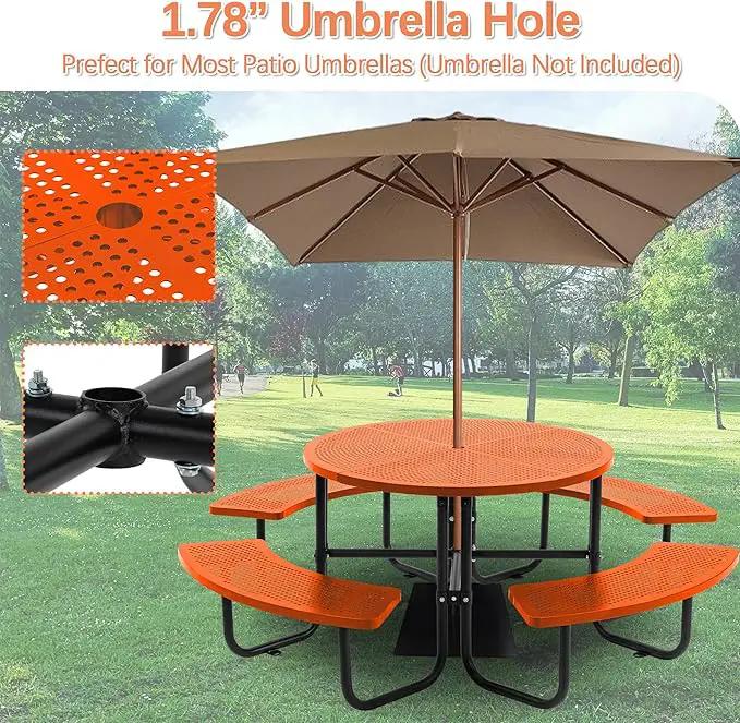 46'' Steel Round Picnic Table for Outdoors, Expanded, Lifetime Picnic Table with Umbrella Hole, Heavy Duty Sturdy Commercial Picnic Tables for Garden Courtyard BBQ, Orange by GreenHaven Gardens