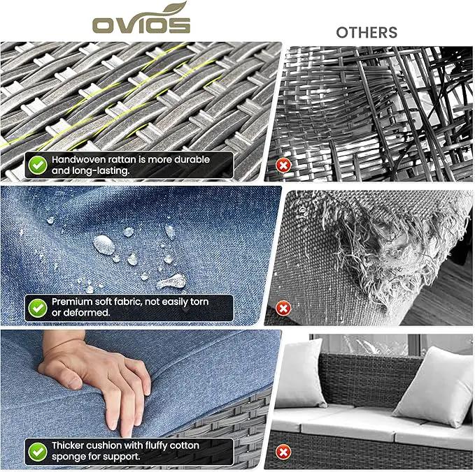 ovios 5 Pieces Patio Furniture Set with 30" Fire Pit Table, Outdoor Wicker Sofa with Loveseat, Comfy Cushions, High Back Couch Conversation Set, Grey Rattan, Denim Blue by GreenHaven Gardens