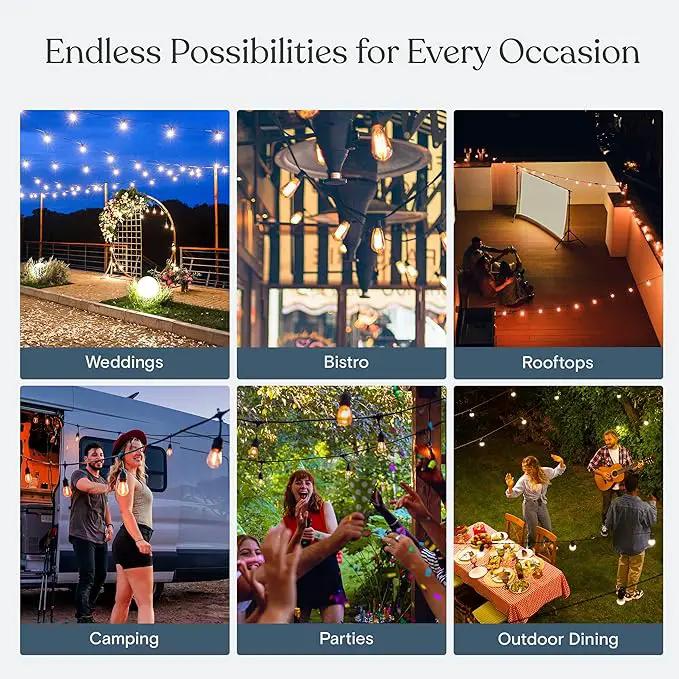 Brightech Ambience Pro Waterproof LED Outdoor String Lights, 48 Ft, Hanging, Dimmable Vintage Edison Bulbs, 15 Bulbs, 2W by GreenHaven Gardens