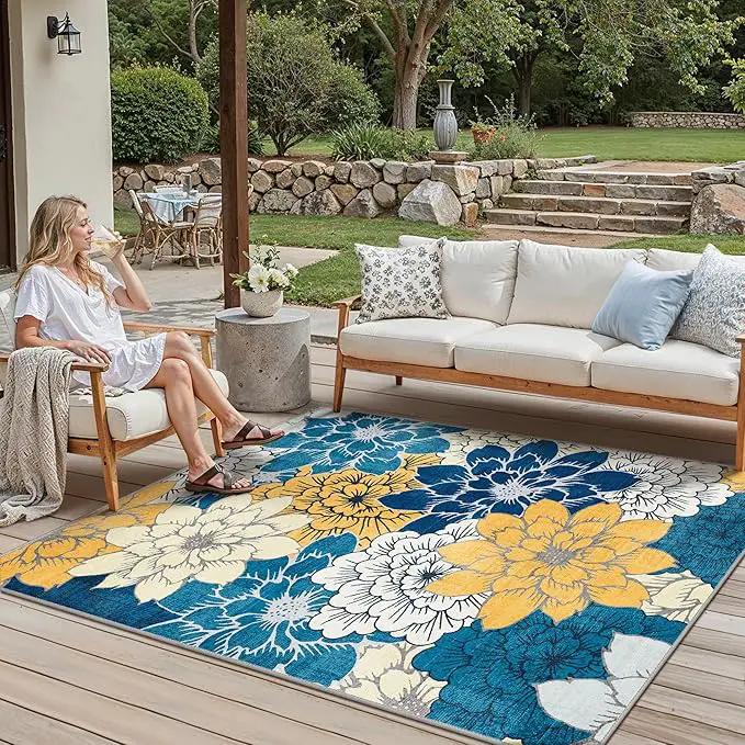 GENIMO Indoor Outdoor Area Rug 5' X 7' Waterproof, Washable Patio Rug Non Shedding, Easy Cleaning Floral Outdoor Carpet for Living Room, Bedroom, Dining Room, Balcony, Backyard, Deck, RV, Blue by GreenHaven Gardens