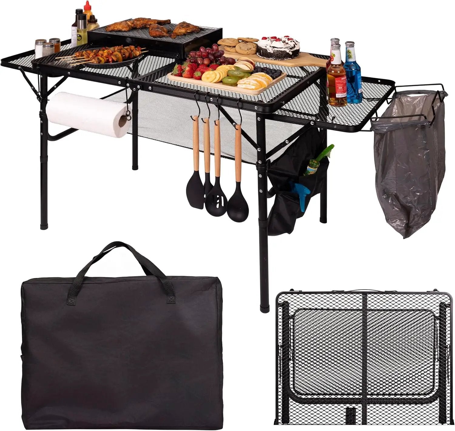 Folding Table w/ Carry Bag, Paper Towel Holder, Garbage Holder, Wing Panels, 3x2 FT Foldable Table for Portable Grill, Picnic, Outdoor, Beach, Small Folding Table Adjustable Height,Camping Table, BBQ by GreenHaven Gardens
