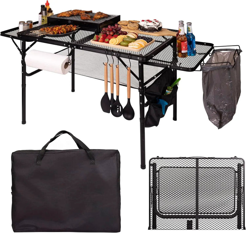 Folding Table w/ Carry Bag, Paper Towel Holder, Garbage Holder, Wing Panels, 3x2 FT Foldable Table for Portable Grill, Picnic, Outdoor, Beach, Small Folding Table Adjustable Height,Camping Table, BBQ by GreenHaven Gardens