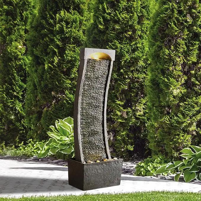Teamson Home 38.58 in. Modern Curved Faux Slate Waterfall Fountain for Indoors or Outdoors with LED Light Accents and 1.98-Gallon Pump, Black and Stone Gray by GreenHaven Gardens