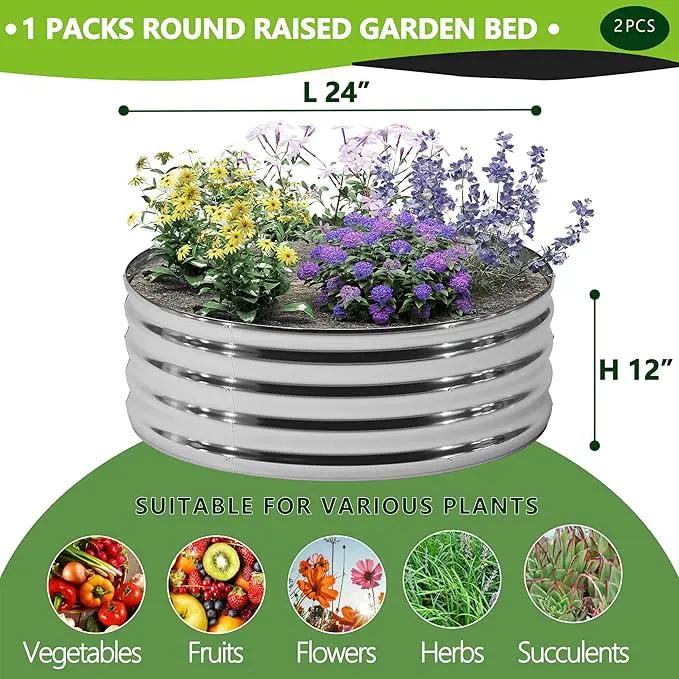 2PCS 2x2x1FT Galvanized Raised Garden Bed Kit,Vegetable Boxes-Round Metal Flower Box,Large Planter Raised Beds Outdoor Garden for Planting,Fruit,Herb-Sliver by GreenHaven Gardens