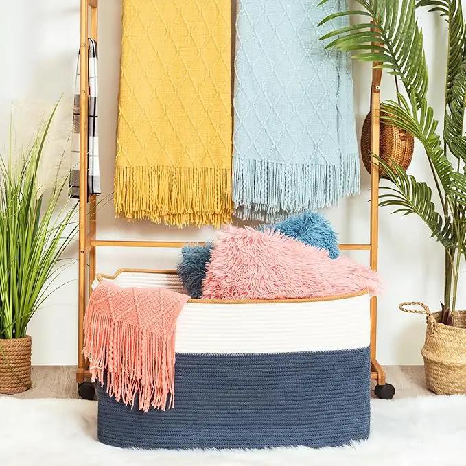 MINTWOOD Design 22in Extra Large Blanket Basket Holder Living Room, Rectangle Rope Woven Storage Basket with Handles for Laundry, Pool Towels, and Shoes, Dog Toy Organizer Bin Box, Prussian Blue by GreenHaven Gardens