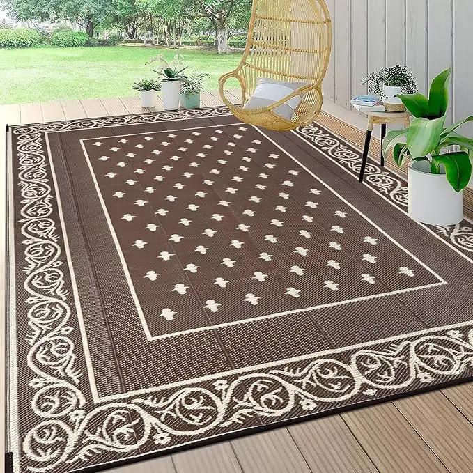 Pauwer Waterproof Outdoor Rug 10x14, Reversible Plastic Straw Patio Camping Rug, Indoor Outdoor RV Mat Carpet for Deck, Camper, Porch, Balcony, Backyard, Picnic, Bordered Brown by GreenHaven Gardens