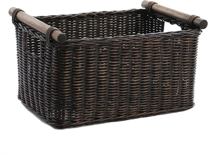 The Basket Lady Pole Handle Wicker Storage Basket, Small, 14 in L x 10 in W x 7.5 in H, Antique Walnut Brown by GreenHaven Gardens