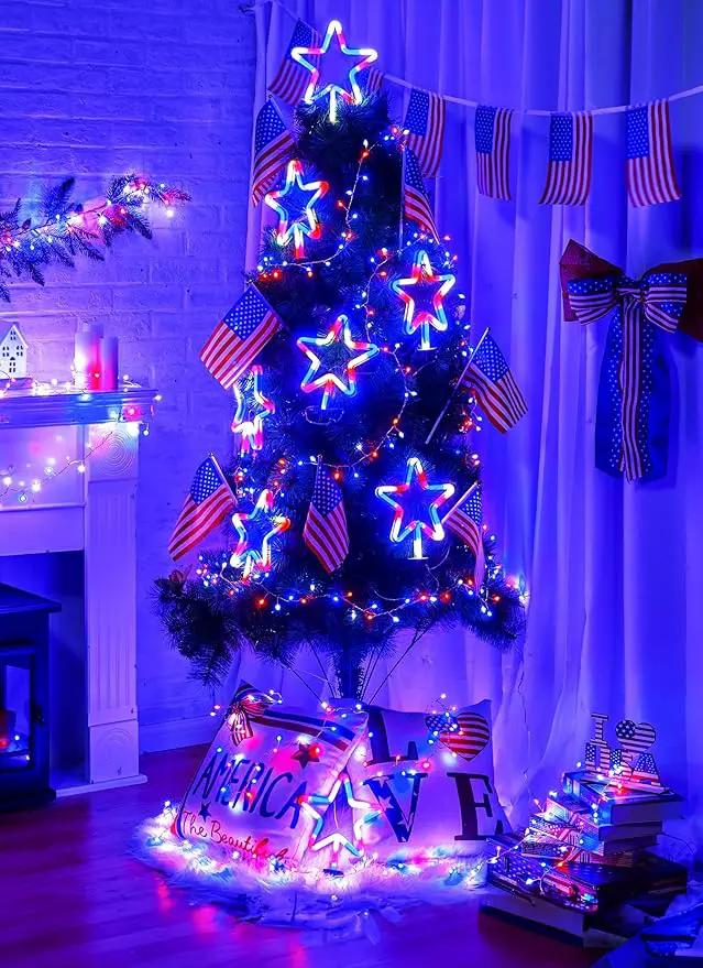 4th of July Decorations Outdoor Red White and Blue Lights, 4 Big Neon Star Pathway Lights Plug in for Independence Day Memorial Day Patriotic Decor Outside Garden Yard Lawn by GreenHaven Gardens