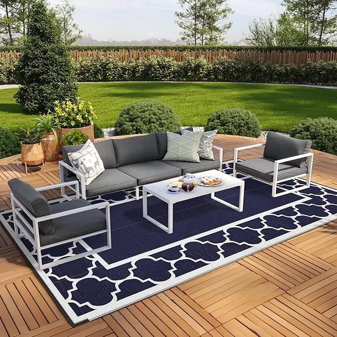 GENIMO 8' x 16' Outdoor Rug Waterproof for Patio, Foldable Reversible Plastic Straw Area Rugs Mat for Rv Decor, Outside Carpet for Camper, Deck, Picnic, Beach, Balcony, Porch, Blue & White by GreenHaven Gardens