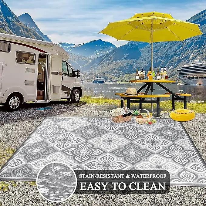 Pauwer Waterproof Outdoor Rug 8x10, Reversible Plastic Straw Patio Camping Rug, Indoor Outdoor RV Mat Carpet for Deck, Camper, Porch, Balcony, Backyard, Picnic, Clover Grey by GreenHaven Gardens