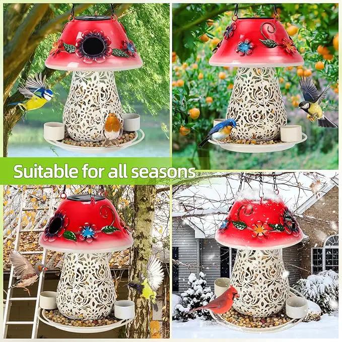 Mushroom Solar Bird Feeders for Outdoors Hanging Metal Wild Bird Feeder Garden Lantern with S Hook for Garden Decoration red by GreenHaven Gardens