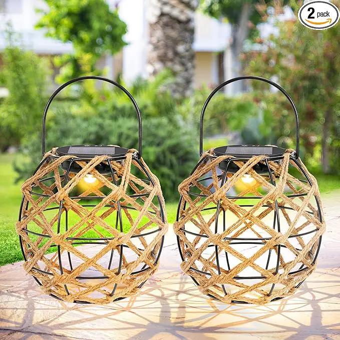 HPC Decor 2 PK Solar Lanterns-Outdoor Waterproof, Hemp Rope, Hanging Outdoor, Round Lamp Boho Decor for Garden, Yard, Patio, Porch, Pathway. by GreenHaven Gardens
