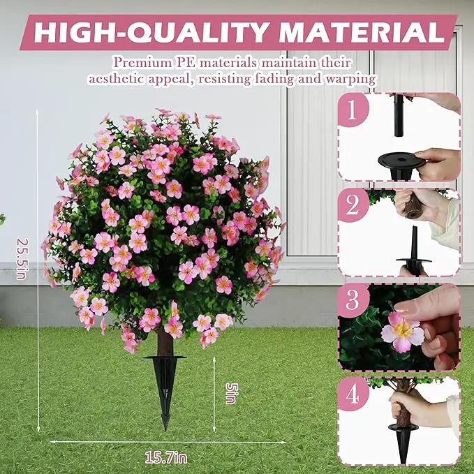 Sunnyglade Set of 2 Artificial Boxwood Topiary Ball Trees with Pink Flower, Faux Shrub Bushes with Ground Spike 25.5", UV Resistant Fake Boxwood Plants for Indoor, Garden, Porch, Patio Decor (Pink) by GreenHaven Gardens