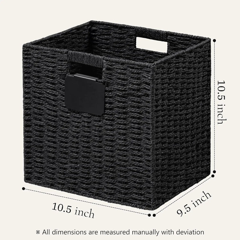 UBBCARE 2 Pack Wicker Basket, 10.5×10.5 Storage Cubes with Label, Foldable Cube Storage Bin with Handle, Square Storage Basket for Shelves, Woven Paper Rope Basket for Organizing, Black by GreenHaven Gardens