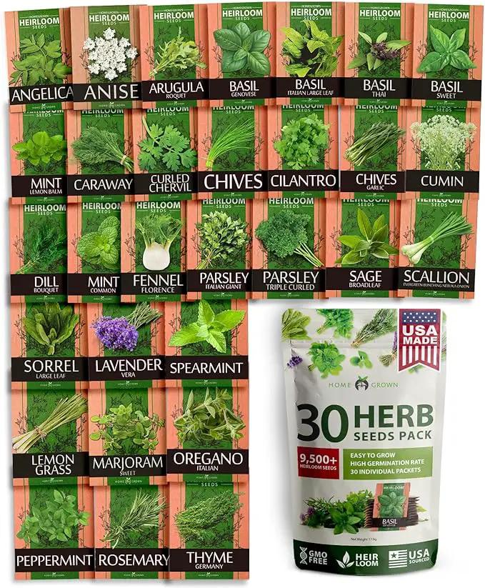 HOME GROWN 30 Herb Seeds for Planting 9,500+ Non-GMO Heirloom Seeds | Extra Large Variety Pack Herb Kit – Indoor Outdoor & Hydroponic | Culinary Seed Set | Grow Your Own Herbs | Gardening Gift by GreenHaven Gardens