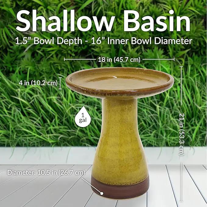Sunnydaze 21" H Ceramic Bird Bath for Outside - Hand-Painted Outdoor Bird Bath Bowl, UV/Frost-Resistant Finish - Cognac Yellow - Ribbed Pedestal by GreenHaven Gardens