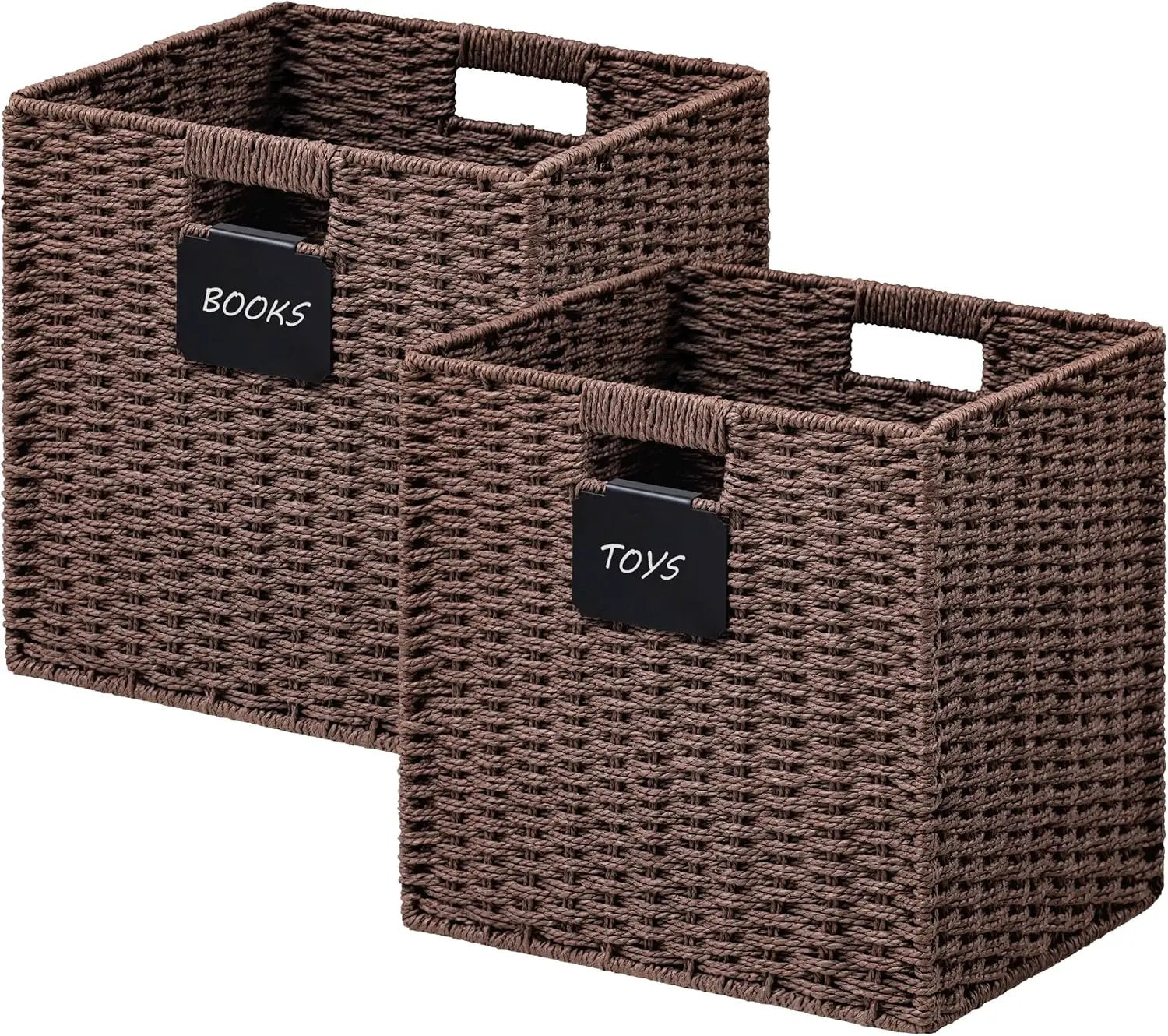 UBBCARE 2 Pack Wicker Basket, 13×13 Storage Cubes with Label, Foldable Cube Storage Bin with Handle, Square Storage Basket for Shelves, Woven Paper Rope Basket for Organizing, Brown by GreenHaven Gardens