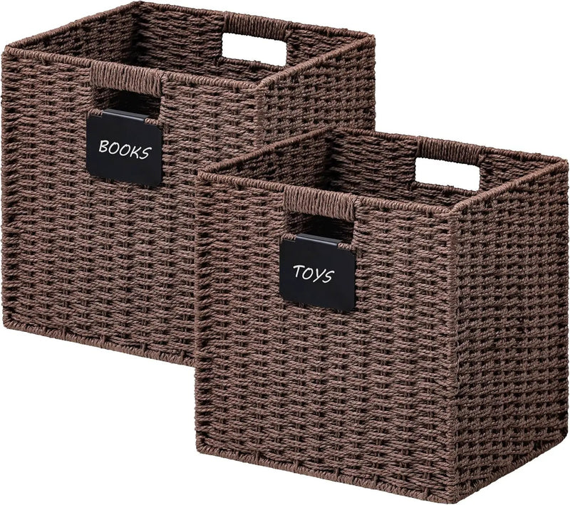 UBBCARE 2 Pack Wicker Basket, 10.5×10.5 Storage Cubes with Label, Foldable Cube Storage Bin with Handle, Square Storage Basket for Shelves, Woven Paper Rope Basket for Organizing, Brown by GreenHaven Gardens
