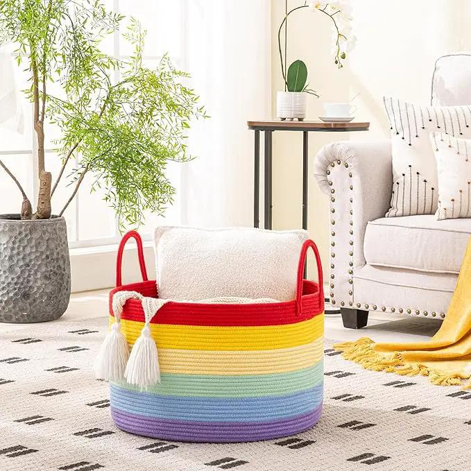 KAKAMAY Large Blanket Basket (20"x13"),Woven Baskets for storage Baby Laundry Hamper, Cotton Rope Blanket Basket for Living Room, Laundry, Nursery, Pillows, Baby Toy chest (Rainbow) by GreenHaven Gardens