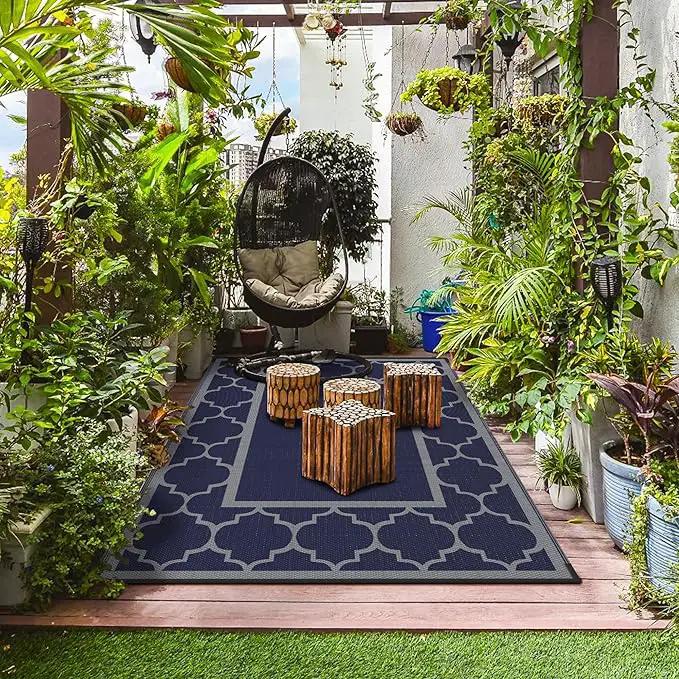 GENIMO 6' x 9' Outdoor Rug Waterproof for Patio Decor, Foldable Reversible Plastic Straw Area Rugs Mat for Camper, Outside Carpet for Rv, Deck, Porch, Picnic, Beach, Balcony, Blue & Grey by GreenHaven Gardens