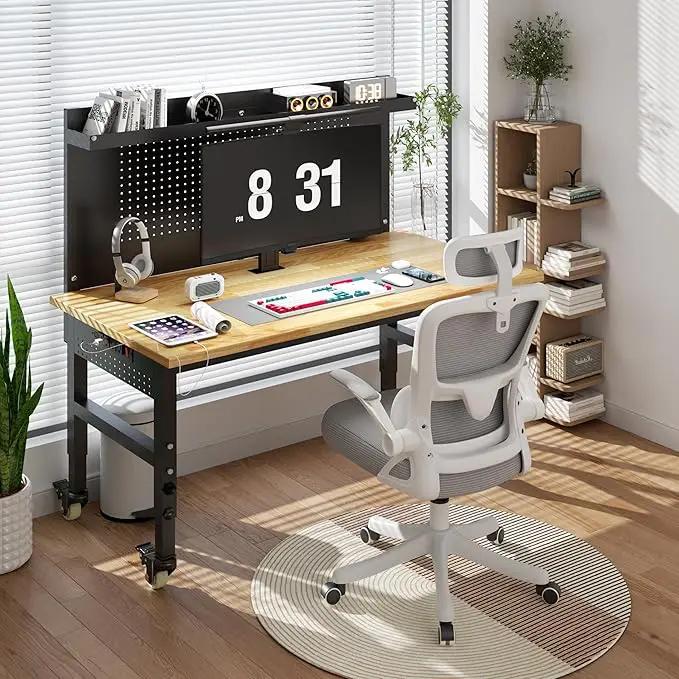 48" Heavy Duty Adjustable Workbench with Large Pegboard, Adjustable Work Table with Power Outlets & Lockable Wheels, Rubber Wood Workstation for Garage, Workshop, Office, Home, Commercial by GreenHaven Gardens