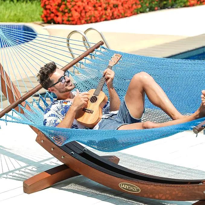 Lazy Daze Hammocks 10.5 FT Double 2 Person Caribbean Rope Hammock, Hand Woven Polyester Hammock with Spreader Bars, for Outside Outdoor Backyard Patio Poolside,450 LBS Capacity,SkyBlue by GreenHaven Gardens