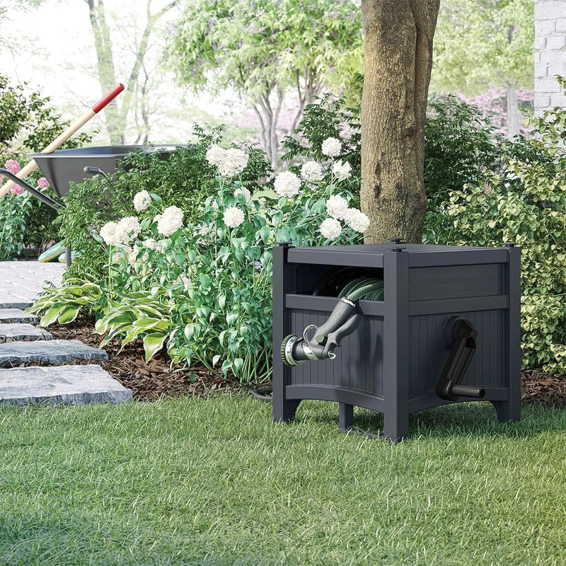 Suncast Garden Hose Hideaway Storage Reel Box, Cyberspace Grey – Resin Outdoor Container, Holds up to 100 Feet of 5/8 Inch Standard Vinyl Water Line – No Assembly Required by GreenHaven Gardens